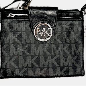 Michael Kors Fulton Crossbody Double Zipper Black MK metal logo.